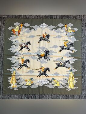 HERMES Galop Volant vintage 100% silk scarf shawl horses Chinese olive green